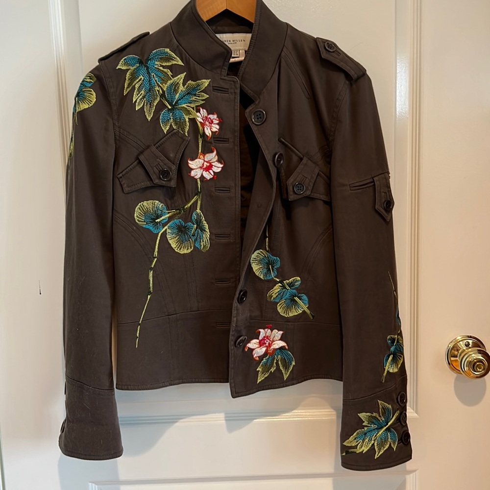 Karen Millen vintage cropped army green embroidered jacket - Picture 1 of 11